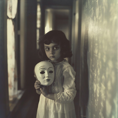 Portrait of a little girl with a mask in her hand.の素材