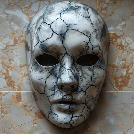 Mysterious metal mask on a marble background. 3d renderingの素材