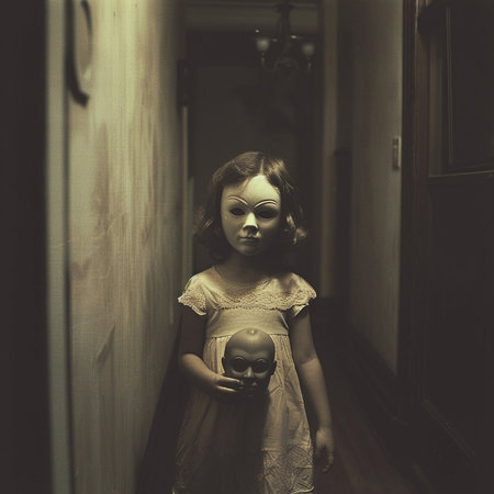 Creepy little girl with skull in her hands. Halloween concept.の素材