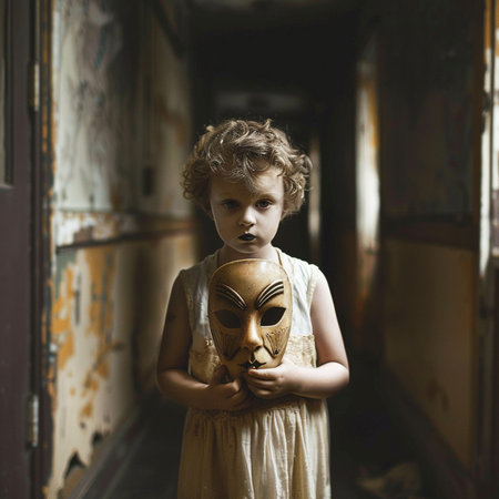 Little girl with a mask in an abandoned building. Portrait of a child with a mask.の素材