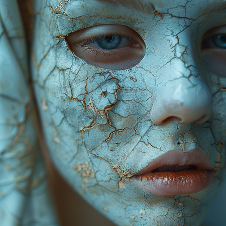 Close up portrait of a beautiful woman with blue skin and white paint on her faceの素材