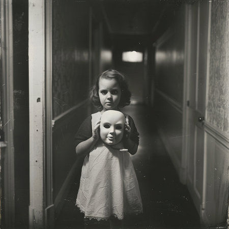 little girl with doll in the corridor, black and white photo.の素材