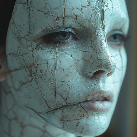 Close-up portrait of a beautiful young woman with white paint on her faceの素材