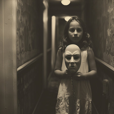 Creepy woman with mask in a corridor. Black and whiteの素材