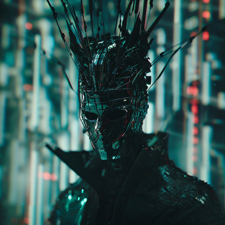 Artificial intelligence concept. Futuristic cyborg with glowing head.の素材