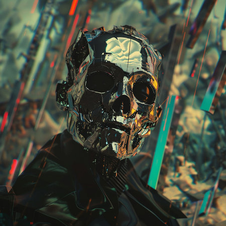 3D rendering of a cyber man with a skull in the backgroundの素材