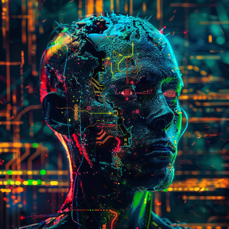 Cyborg man face with circuit board. Artificial intelligence concept. 3D Renderingの素材