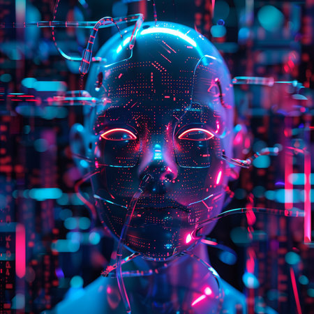 Cyborg woman with glowing neon lights on her face. 3D renderingの素材