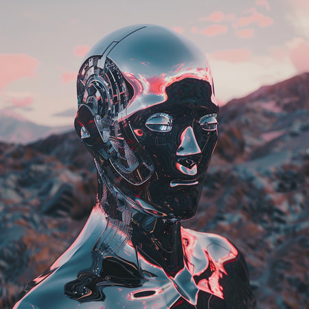 Cyborg man in futuristic sci-fi landscape. 3d renderingの素材