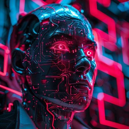 Cyborg face with circuit board. Concept of artificial intelligence. 3d rendering.の素材
