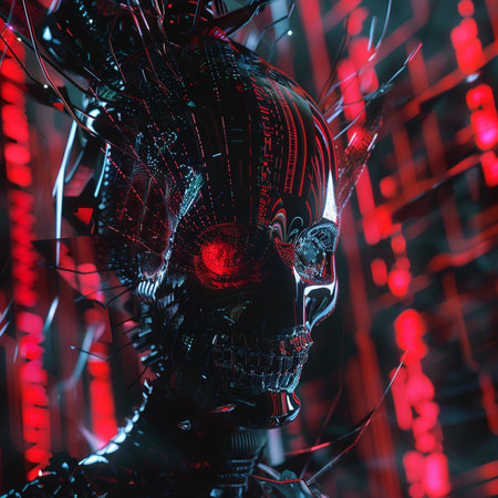 3d rendering of a female robot with red neon lights in the backgroundの素材