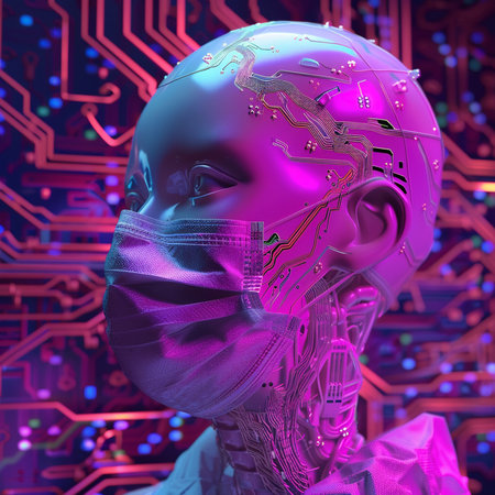 Cyborg head with circuit board in the background. 3D illustrations.の素材