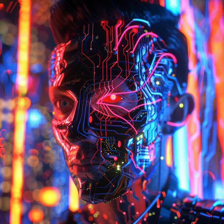 Artificial intelligence concept. Futuristic cyborg man portrait with circuit board.の素材