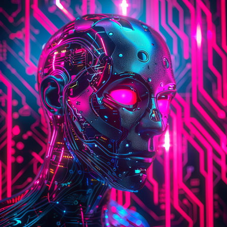 Cyborg cyber woman with circuit board background. 3d illustration.の素材