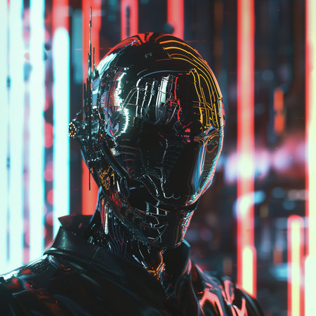 Close-up portrait of male cyborg with glowing neon background. 3D renderingの素材