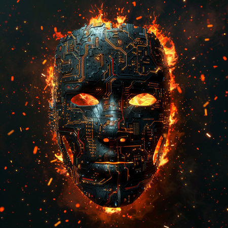 Cyborg head with circuit board on fire background. 3D renderingの素材