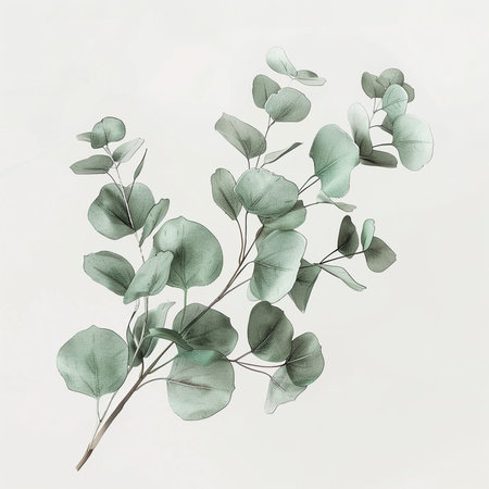 Watercolor eucalyptus branch with green leaves on white backgroundの素材