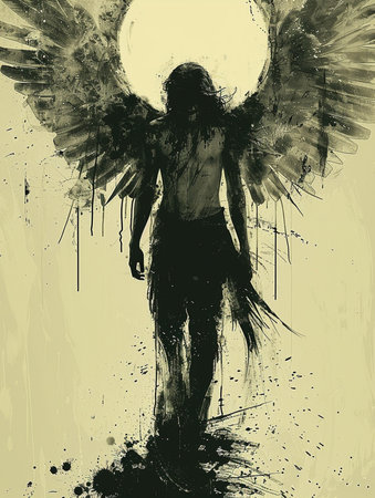 Grunge illustration of a beautiful woman with wings and blood stainsの素材