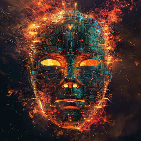 Cyborg head with circuit board and fire. 3d illustration.の素材
