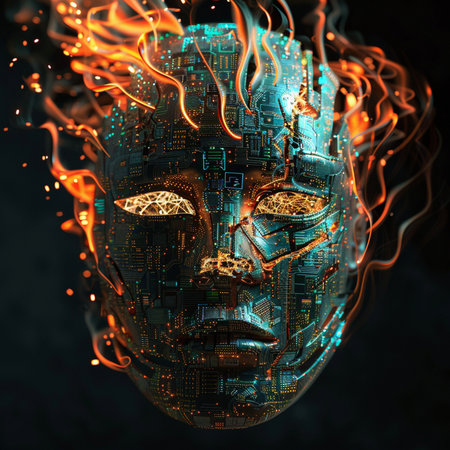 Cyborg head with fire flames on dark background. 3D renderingの素材