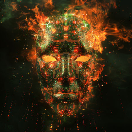 Cyborg face with glowing lights and smoke. 3d illustration.の素材