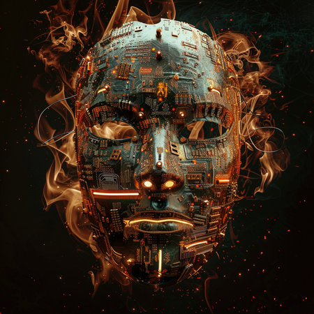3D rendering of a futuristic robot face in fire flames on a dark backgroundの素材