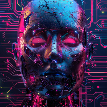 Cyborg face with circuit board background. 3d rendering. Computer digital drawing.の素材