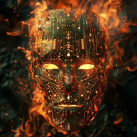 Futuristic mask with electronic circuit in fire. 3d renderingの素材