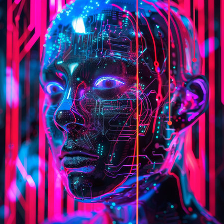 Cyborg face with circuit board and neon lights. 3d renderingの素材