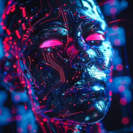 Cyborg face with circuit board on dark background. 3D renderingの素材