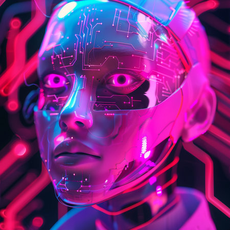 3d rendering of a female robot with artificial intelligence in neon lightの素材