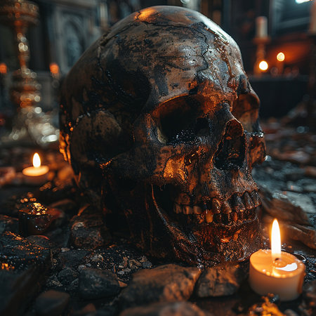 Skull and candles in a dark room. Halloween concept. Selective focusの素材