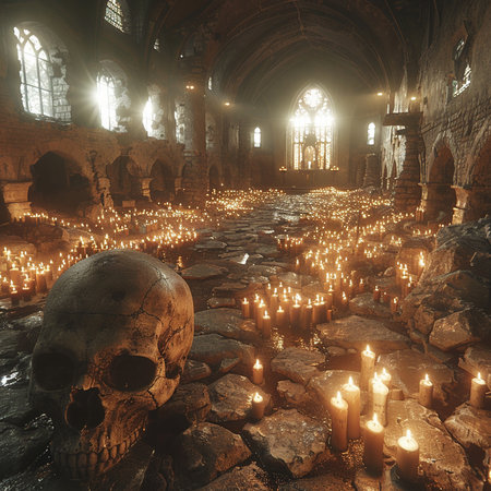 Gothic church interior with human skull and candles. Halloween backgroundの素材