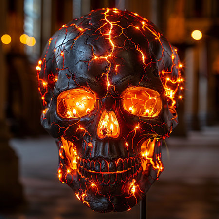 Skull with glowing lights in the streets of Barcelona, Spain.の素材