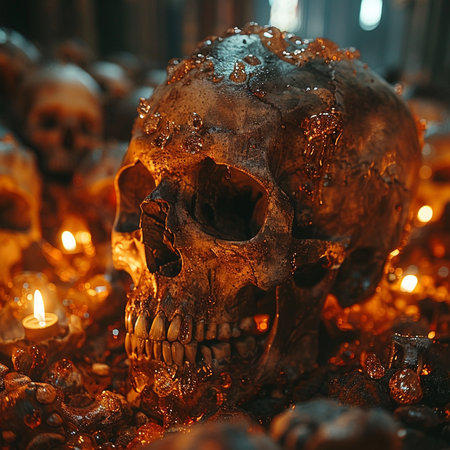 Skull and candles in the church. Halloween concept. Selective focus.の素材