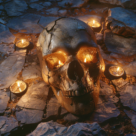 Skull with burning candles on a stone surface. Halloween concept.の素材