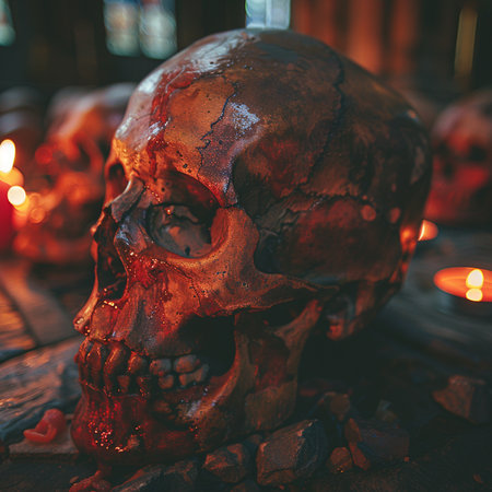 Skull on the background of a burning candle. Halloween concept.の素材