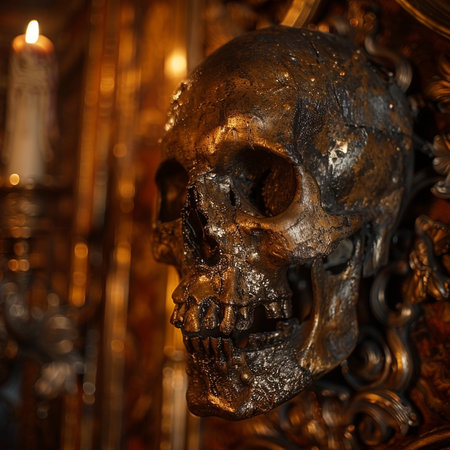 Skull in church interior. Halloween background. Selective focus.の素材