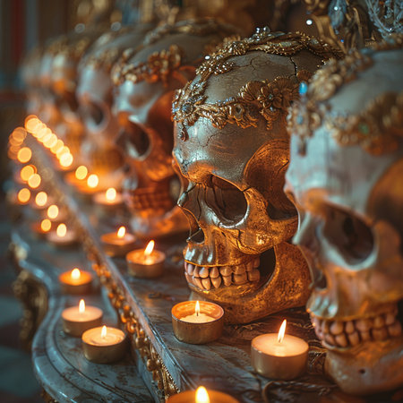Skulls and candles on the altar in the Catholic Church.の素材