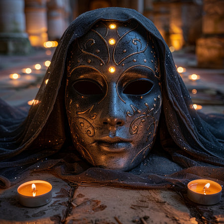 Beautiful Venetian mask with burning candles in the background.の素材