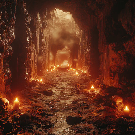 Inside of a cave with human skulls and candles. 3d renderingの素材
