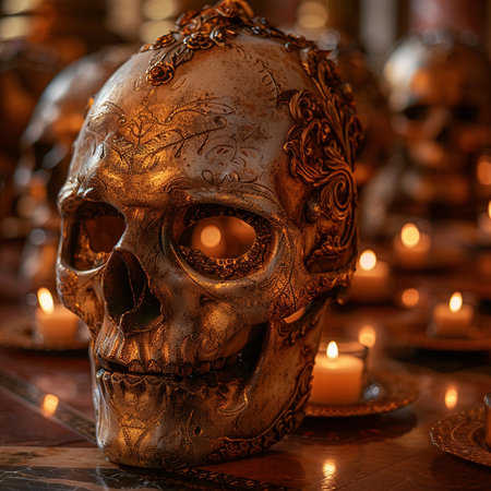 Skull and candles in the church. Halloween concept. Selective focusの素材