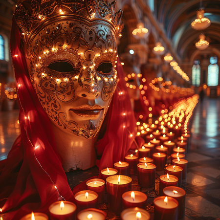 Venetian carnival mask with burning candles in the church.の素材