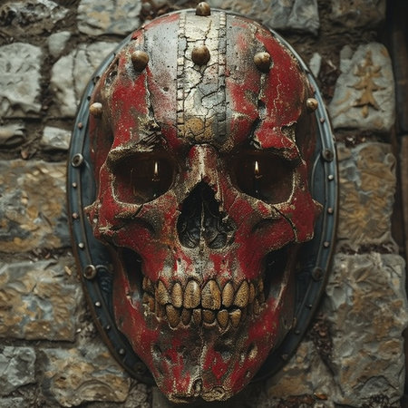Skull in medieval armor on stone wall background. Halloween concept.の素材