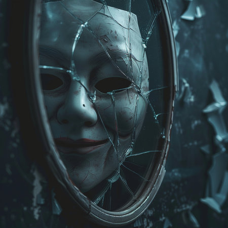 Scary woman with broken mirror. Halloween concept. 3D Renderingの素材