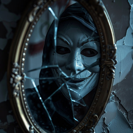 Portrait of a woman with a scary face in front of a mirrorの素材