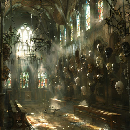 Mysterious gothic interior with skulls and candles. 3D renderingの素材