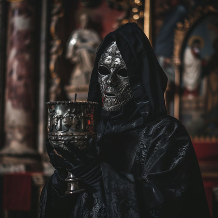 Mysterious woman in death costume with candle in church. Halloween.の素材