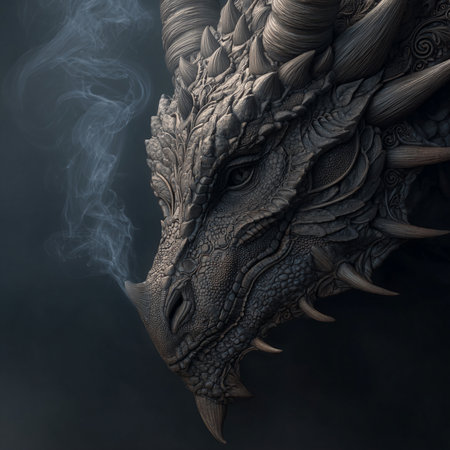 Dragon head with smoke on black background. 3d render illustration.の素材