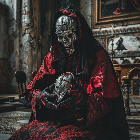 Creepy gothic woman in red robe sitting on the floor in the old castle. Halloween.の素材